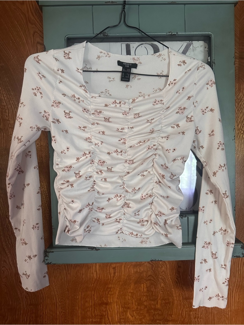 Forever 21 Cream Long-Sleeve Ruched Floral Top with Pink Flowers